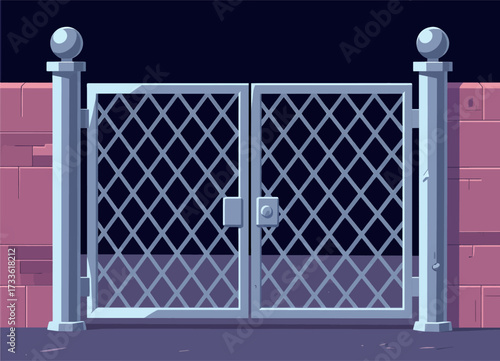 Elegant metal gate at night with pink brick wall and calm atmosphere
