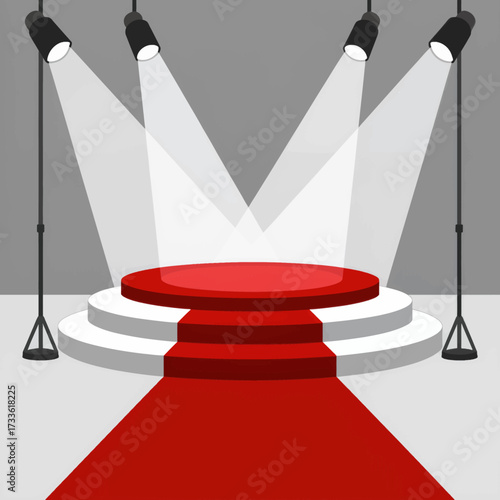 Elegant spotlighted red carpet leading to illuminated stage under bright lights