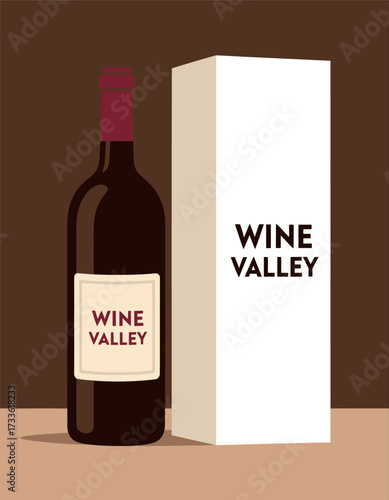 Elegant wine bottle and box in minimalist design with earthy tones and soft lighting