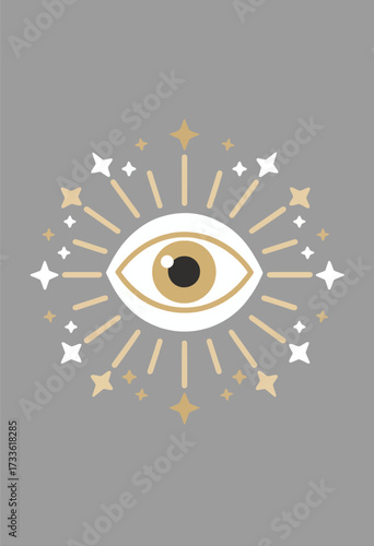 Enigmatic eye with radiant stars on gray background