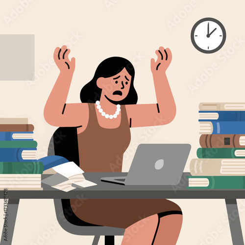 Exhausted woman at desk with laptop and books under clock, late night study session