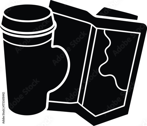 travel mug beside open map illustration on transparent background