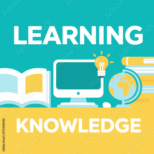 Energizing educational icons on vibrant teal and yellow background