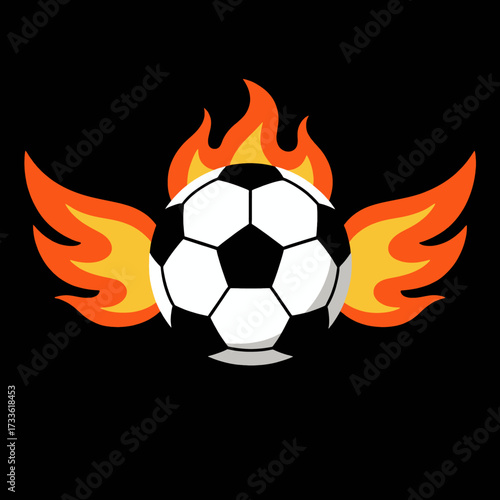 Fiery soccer ball with wings on black background