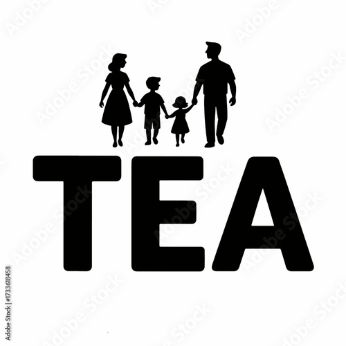 Family silhouette holding hands, TEA logo, black and white, timeless elegance