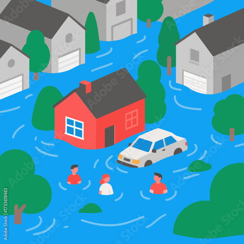 Flooded neighborhood with people and car in water under bright blue sky