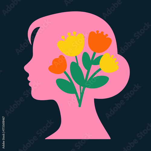 Flower-filled pink head silhouette symbolizing inner beauty and growth