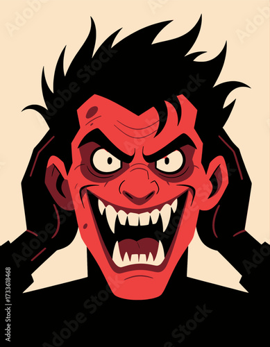 Fierce vampire with glowing eyes and sharp teeth in dark, gothic setting