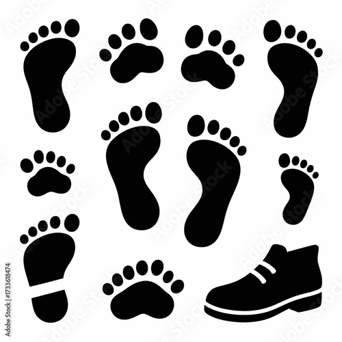 Footprints and shoe prints silhouette collection on white background