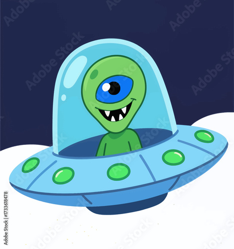 Friendly alien in spaceship flying through space at night