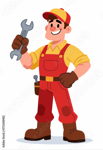 Friendly mechanic with wrench in vibrant red overalls under bright daylight