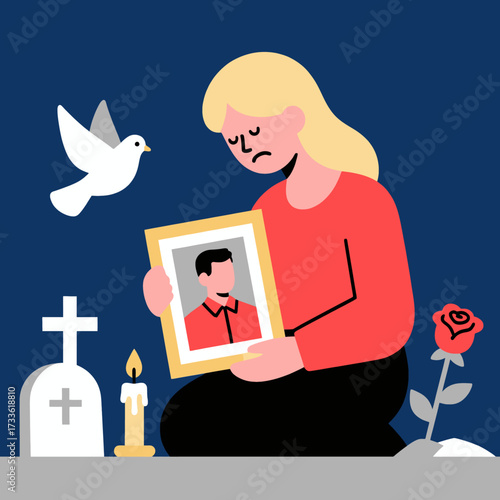 Grieving woman holding portrait with dove and rose at grave site