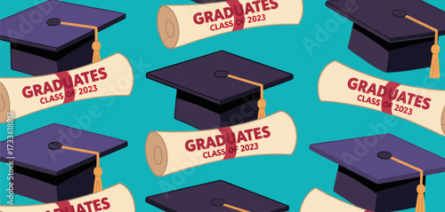Graduation caps and diplomas celebrating Class of 2023 under vibrant teal background