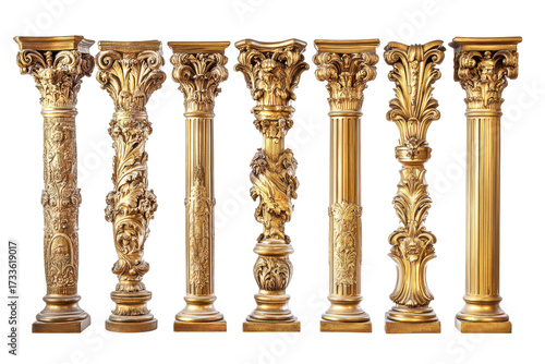 Collection of ornate antique golden columns isolated on transparent background. Golden columns classic antique gold pillars isolated on white background.