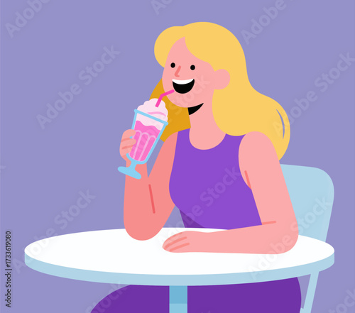 Happy girl enjoying a milkshake in a cozy cafe setting