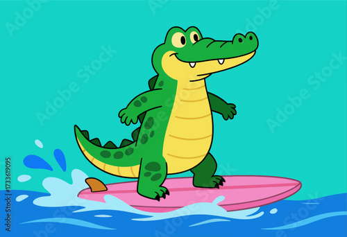 Happy crocodile surfing on a sunny day with vibrant colors