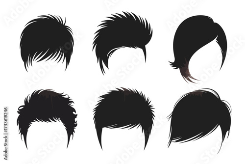 Men’s Haircuts and Hairstyles Vector,  Modern Grooming, Trendy Male Styles, Pompadour, Fade, Undercut, Crew Cut, Side Part, Stylish Hair, Barbering, Hair Design, Vector Illustration for Fashion and Li