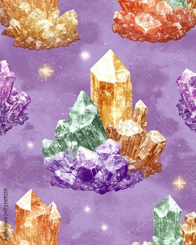 Colorful crystal clusters pattern on purple starry backdrop