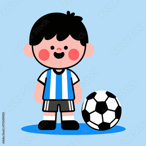 Happy soccer player in blue and white uniform with football under sunny sky