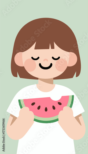 Happy summer girl enjoying watermelon slice under soft light
