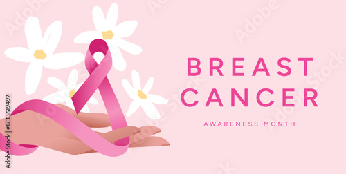 Breast Cancer Awareness Month banner with Pink Ribbon held in female hand, white flowers and pastel pink background. Health care October campaign design. Vector illustration for poster, card, banner