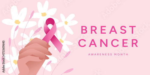 Breast Cancer Awareness Month banner with Pink Ribbon held in raised female hand, white flowers and pastel pink background. October health care campaign design. Vector illustration for poster, card