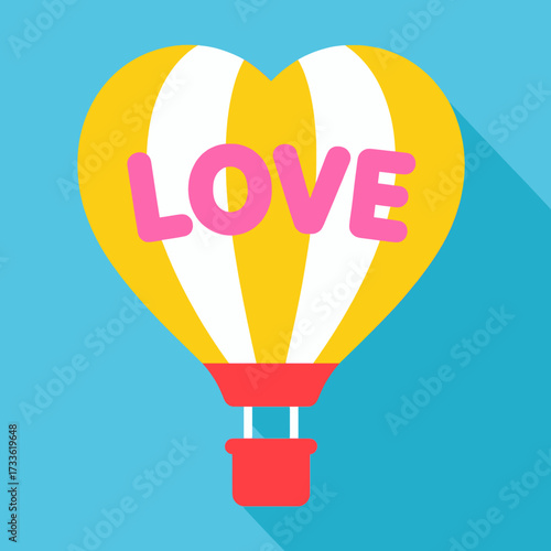 Heart-shaped hot air balloon floating in vibrant blue sky with "LOVE" text