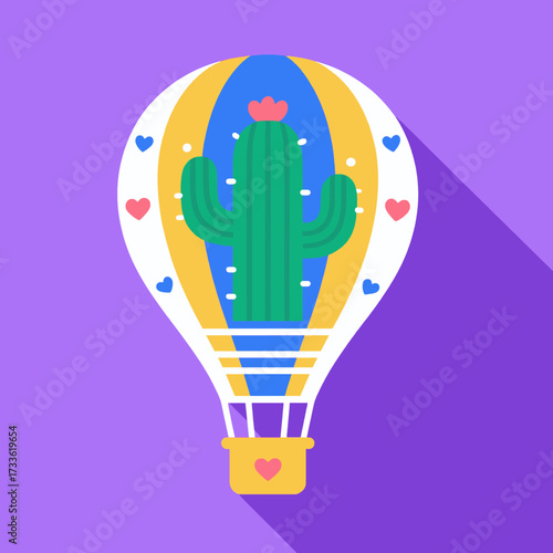 Heartwarming cactus in hot air balloon with love hearts under purple sky