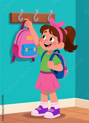 Happy schoolgirl with backpack ready for class in cheerful classroom setting
