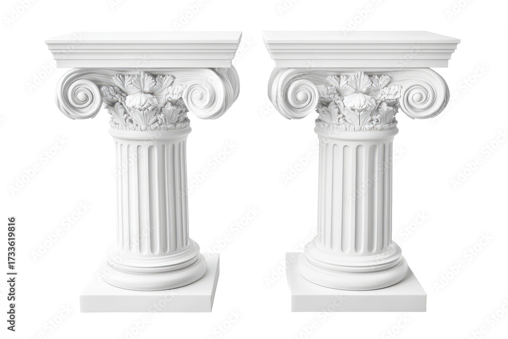 Obraz premium Fragment of ancient greek or roman columns and entablature isolated on transparent background. Greek columns isolated on white background.