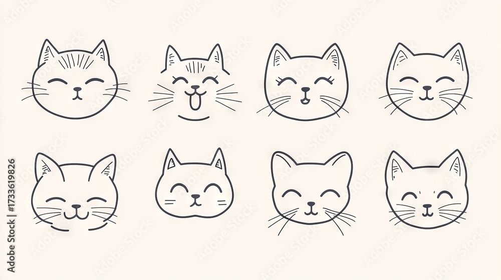Obraz premium 36.A collection of adorable kitten face icons in a variety of expressions, drawn in a simple contour line art style. Each face showcases different emotions such as happiness, surprise, curiosity, and