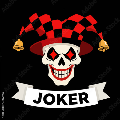 Joker skull with red checkered hat and bells, black background