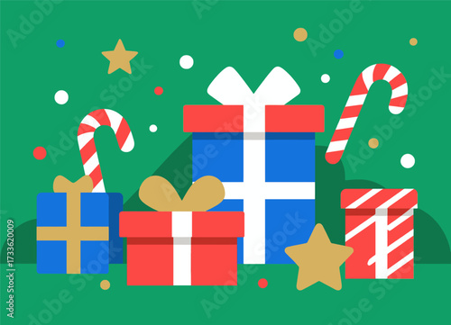 Joyful Christmas gifts and candy canes under festive green background