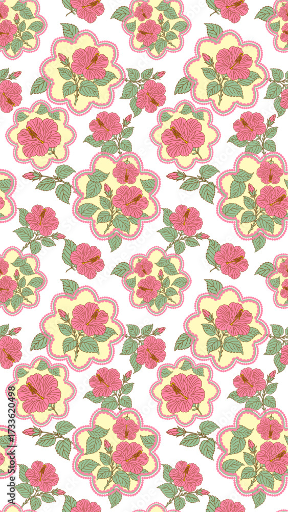 custom made wallpaper toronto digitalFloral pattern featuring vibrant pink flowers with green leaves transparency background, creating striking and elegant design. This pattern is perfect for textiles, wallpapers, and various