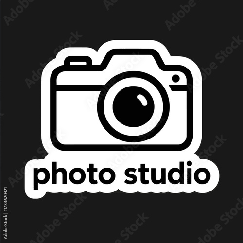 Minimalist camera icon on black background with white text "photo studio"