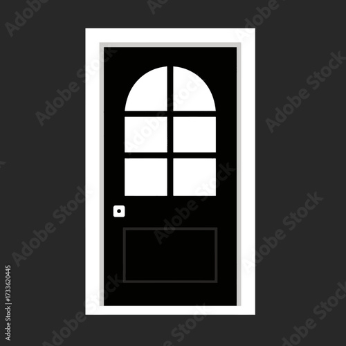 Minimalist black door silhouette with white frame against dark background