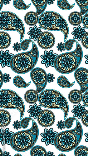 Intricate paisley pattern featuring floral designs in teal, cream, and gold on transparency background, creating vibrant and elegant textile design