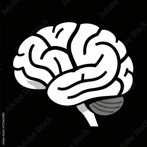 Minimalist white brain icon on black background