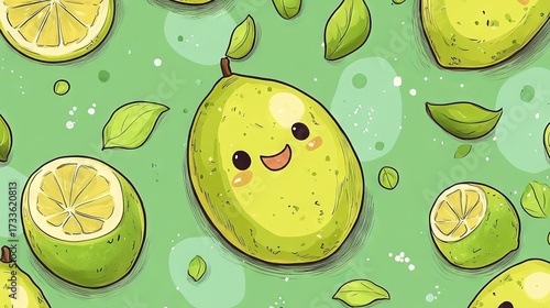 98.Seamless pattern design with cute fruit characters. Repeat tile with kawaii lemon and lime drawing