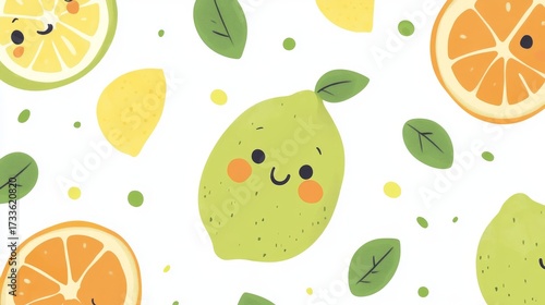 98.Seamless pattern design with cute fruit characters. Repeat tile with kawaii lemon and lime drawing
