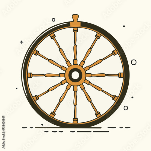 Illustration of a wooden ship's wheel with a dark outline and light background, symbolizing navigation and nautical themes.