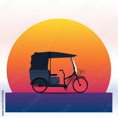 A vector illustration of a rickshaw silhouetted against a large orange and yellow sun, resting on a purple and blue gradient base.