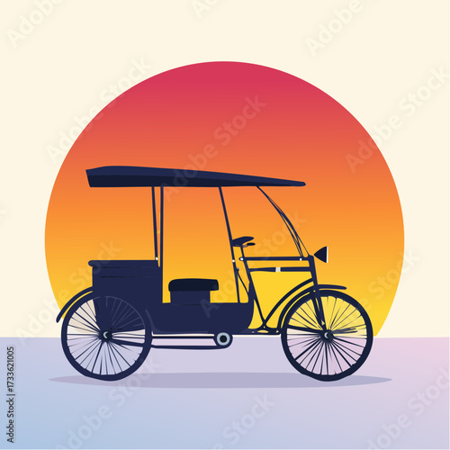 Silhouette illustration of a classic three-wheeled vehicle with a canopy against a vibrant sunset backdrop, evoking a sense of travel and nostalgia.