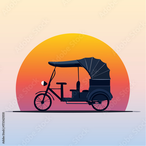Silhouette of a dark blue auto rickshaw set against a vibrant gradient sunset background.