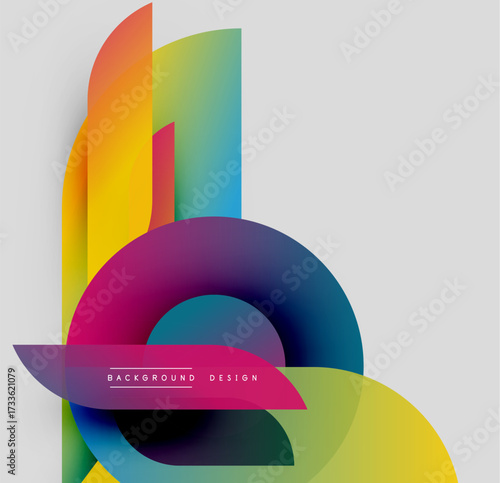 Abstract colorful shapes overlap, creating dynamic visual composition. Gradient hues blend smoothly, offering modern aesthetic.