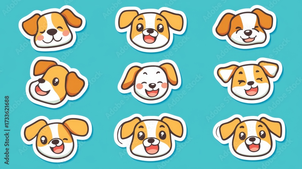 Fototapeta premium 54.A set of adorable dog sticker icons, each showcasing different playful expressions such as excitement, happiness, and curiosity. The designs are outlined in a thick, bold stroke for a modern and