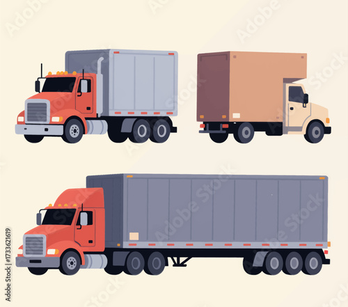 Modern semi-trucks in flat design illustration style under neutral background