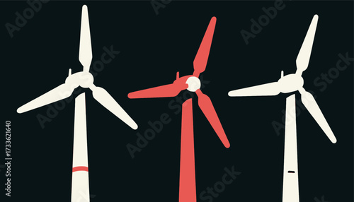 Modern wind turbines glowing in the night sky