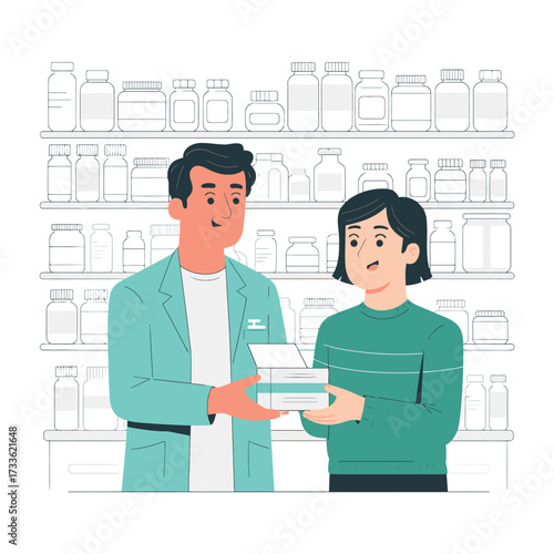 Pharmacist handing medicine box to customer in pharmacy with shelves of bottles drug