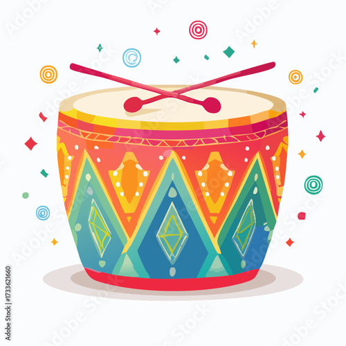 Colorful cartoon illustration of a drum with drumsticks and confetti on a white background.